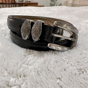 Vintage Brighton black leather belt, 35” long, M 23003, good vintage condition